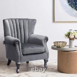 Upholstered Oyster Scallop Wing Back Accent Chair Grey Velvet Fireside Armchair