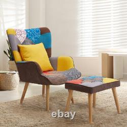 Upholstered Patchwork Armchair Wing Back Fireside Sofa Lounge Chair With Footstool