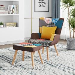 Upholstered Patchwork Armchair Wing Back Fireside Sofa Lounge Chair With Footstool