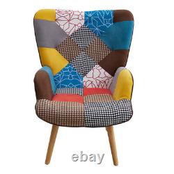 Upholstered Patchwork Armchair Wing Back Fireside Sofa Lounge Chair With Footstool