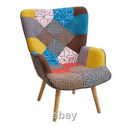 Upholstered Patchwork Armchair Wing Back Fireside Sofa Lounge Chair With Footstool