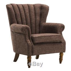Upholstered Victorian Nordic Wing Back Chair Armchair Fireside with Wooden Legs