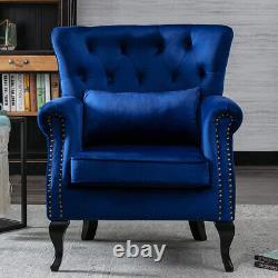 Upholstered Wing Back Fireside Lounge Sofa Chair Velvet Armchair Seat Navy Blue