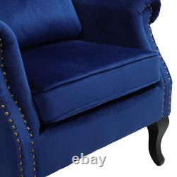 Upholstered Wing Back Fireside Lounge Sofa Chair Velvet Armchair Seat Navy Blue