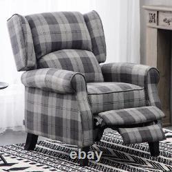 Upholstered Wing Back Recliner Chair Tartan Fabric Fireside Occasional Armchair