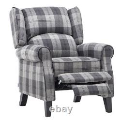 Upholstered Wing Back Recliner Chair Tartan Fabric Fireside Occasional Armchair