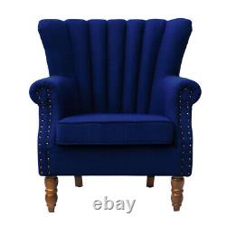 Upholstered Wing Back Scalloped Fireside Chair Linen Fabric Armchair Sofa Seat