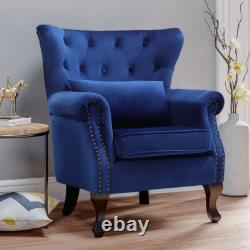 Upholstered Wingback Shell Fireside Chair Velvet Fabric Seat Armchair Sofa -Blue