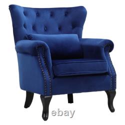 Upholstered Wingback Shell Fireside Chair Velvet Fabric Seat Armchair Sofa -Blue