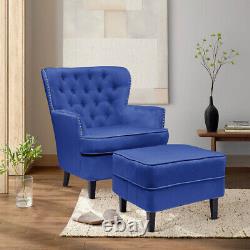 VELVET WING BACK ACCENT CHAIR BUTTON FIRESIDE OCCASIONAL ARMCHAIR WithFOOTSTOOL