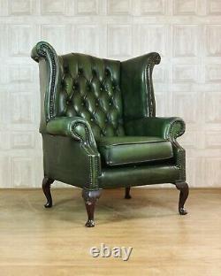 VINTAGE Green Leather Chesterfield Fireside Wingback Armchair £55 DELIVERY