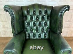 VINTAGE Green Leather Chesterfield Fireside Wingback Armchair £55 DELIVERY