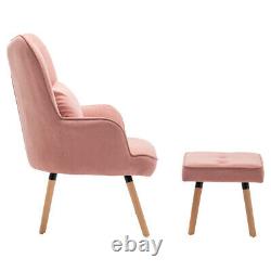 Velvet Armchair Wing Button Back Chair Stool Footrest Fireside Sofa+ Pillow Pink
