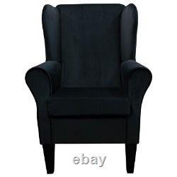 Velvet Black Fireside Wingback Armchair Handmade Upholstered Luxury Accent