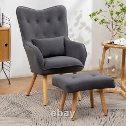 Velvet Button Armchair Wing Back Chair with Foot Stool Sofa Lounge Fireside Seat