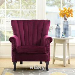 Velvet Chesterfield Chair Queen Anne Wing Back Fireside Armchair Cushioned Seat