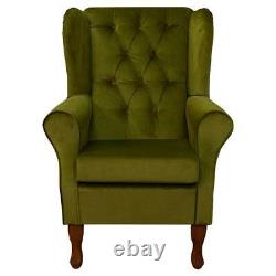Velvet Green Buttoned Armchair Wingback Fireside Accent Chair in Malta Grass