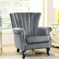Velvet Grey Vintage High Wing Back Armchair Studded Fireside Lounge Tub Chair