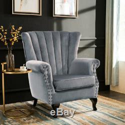 Velvet Grey Vintage High Wing Back Armchair Studded Fireside Lounge Tub Chair