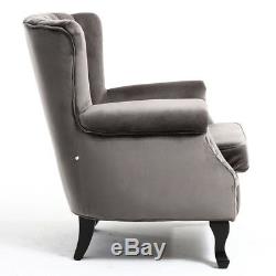 Velvet Grey Wing Back Armchair Studded Fireside Tub Chair Accent High Backrest