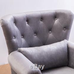 Velvet Grey Wing Back Fireside Accent Tub Chair Studded Armchair Button Backrest