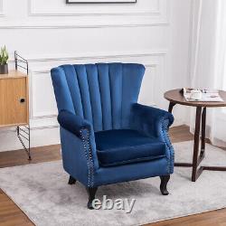 Velvet High Back Chair Fabric Chair Fireside Reading Soft Padded Wooden Legs