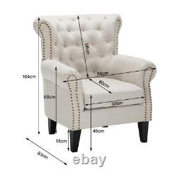 Velvet/Linen Tub Armchair Fireside Rivet Sofa Buttoned Wing Back Chair Wood Legs