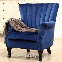 Velvet Scallop Queen Anne Armchair Wing Back Fireside Lounge Accent Studded Sofa