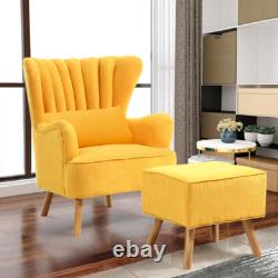 Velvet Scalloped Armchair High Wing Back Chair Footstool Ottoman Stool Fireside