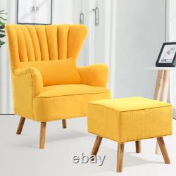 Velvet Scalloped Armchair High Wing Back Chair Footstool Ottoman Stool Fireside