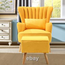 Velvet Scalloped Armchair High Wing Back Chair Footstool Ottoman Stool Fireside
