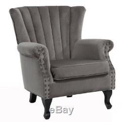 Velvet Wing Back Coaktail Tub Chair Scalloped Stud Armchair Fireside Living Room