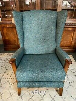 Vintage 1950s Mid Century Wingback Armchair Fireside Chair Recovered Blue Fabric