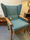 Vintage 1950s Mid Century Wingback Fireside Chair Armchair Reupholstered In Blue