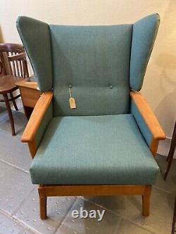 Vintage 1950s Mid Century Wingback Fireside Chair Armchair Reupholstered in Blue