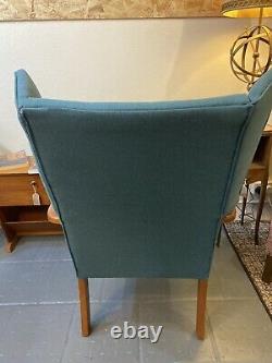 Vintage 1950s Mid Century Wingback Fireside Chair Armchair Reupholstered in Blue