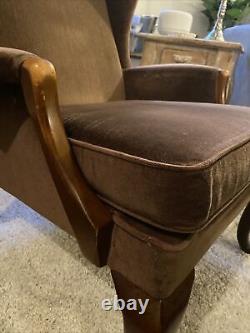 Vintage Antique Parker Knoll Wing Back Armchair, Chocolate Brown Velvet FireSide