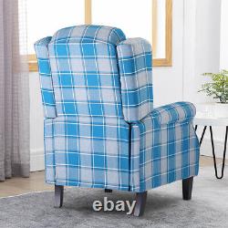 Vintage Blue Check Recliner Lounge Chair Armchair Sofa Wing Back Fireside Home