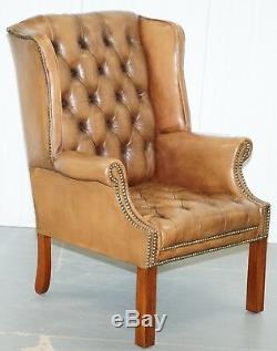 Vintage Brown Leather Button Base & Back Chesterfield Wingback Fireside Armchair