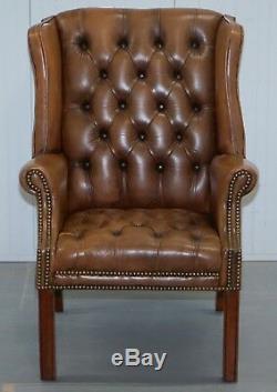 Vintage Brown Leather Button Base & Back Chesterfield Wingback Fireside Armchair