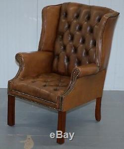 Vintage Brown Leather Button Base & Back Chesterfield Wingback Fireside Armchair
