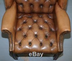 Vintage Brown Leather Button Base & Back Chesterfield Wingback Fireside Armchair