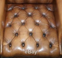 Vintage Brown Leather Button Base & Back Chesterfield Wingback Fireside Armchair