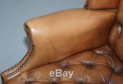 Vintage Brown Leather Button Base & Back Chesterfield Wingback Fireside Armchair