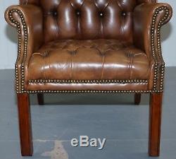 Vintage Brown Leather Button Base & Back Chesterfield Wingback Fireside Armchair