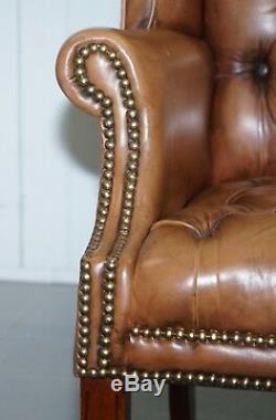 Vintage Brown Leather Button Base & Back Chesterfield Wingback Fireside Armchair