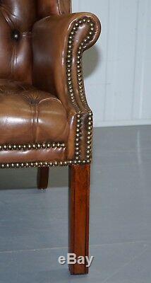 Vintage Brown Leather Button Base & Back Chesterfield Wingback Fireside Armchair