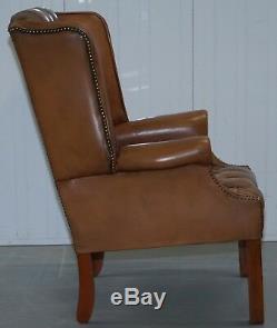 Vintage Brown Leather Button Base & Back Chesterfield Wingback Fireside Armchair