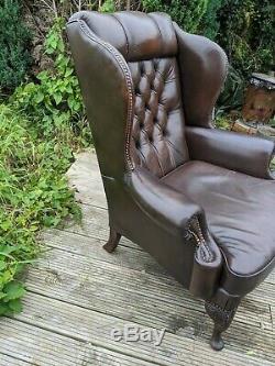 Vintage Brown Leather Wing Back Chesterfield Fireside Chair with Queen Anne Legs