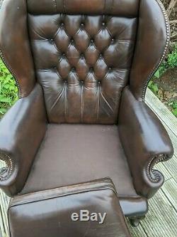 Vintage Brown Leather Wing Back Chesterfield Fireside Chair with Queen Anne Legs